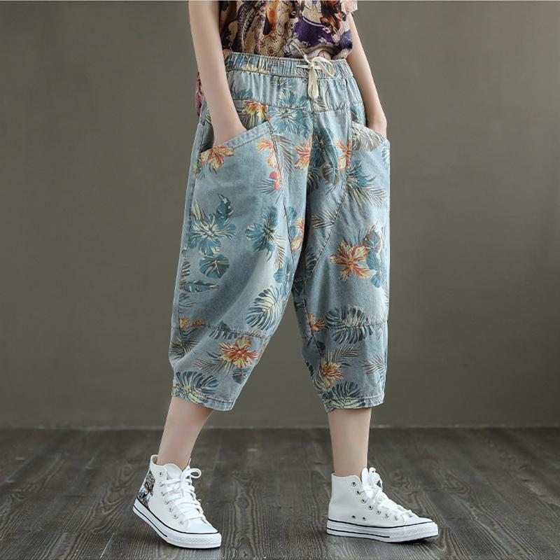 Pantalon En Denim Ample À Imprimé Floral Rétro Grande Taille