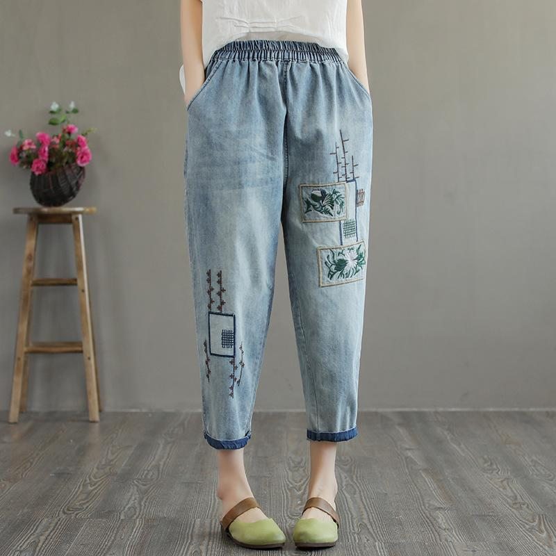 Pantalon En Denim Brodé Décontracté Pour Femmes