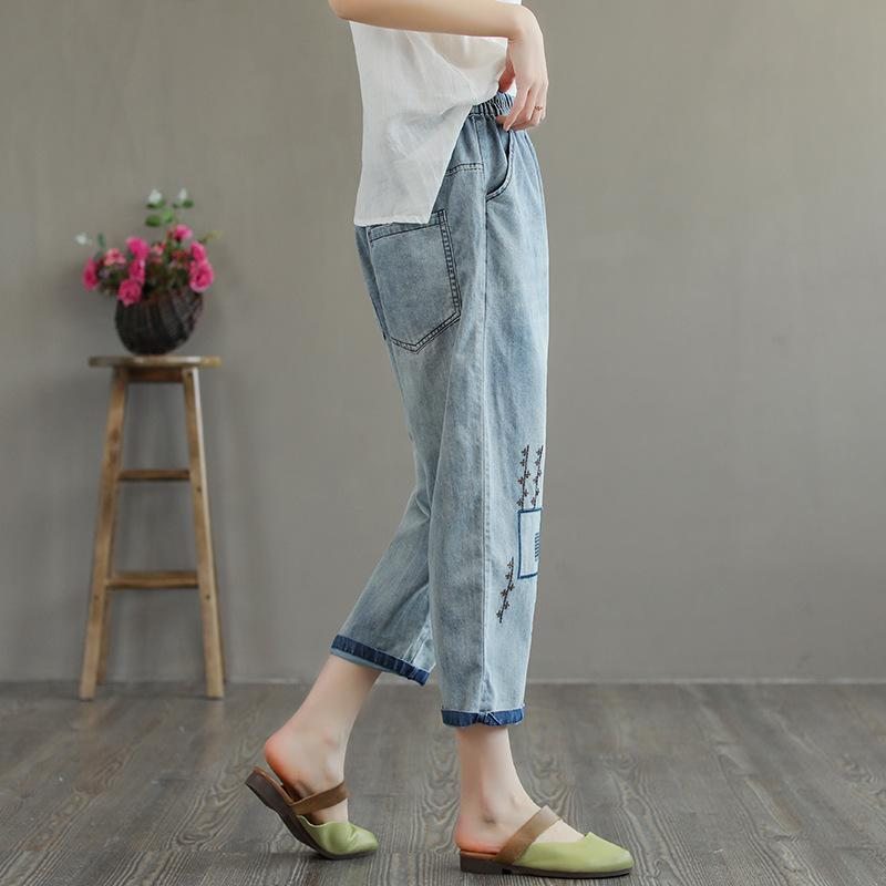 Pantalon En Denim Brodé Décontracté Pour Femmes