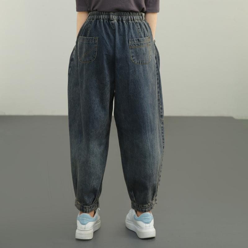 Pantalon En Denim De Coton Brodé De Mots D'automne Grande Taille