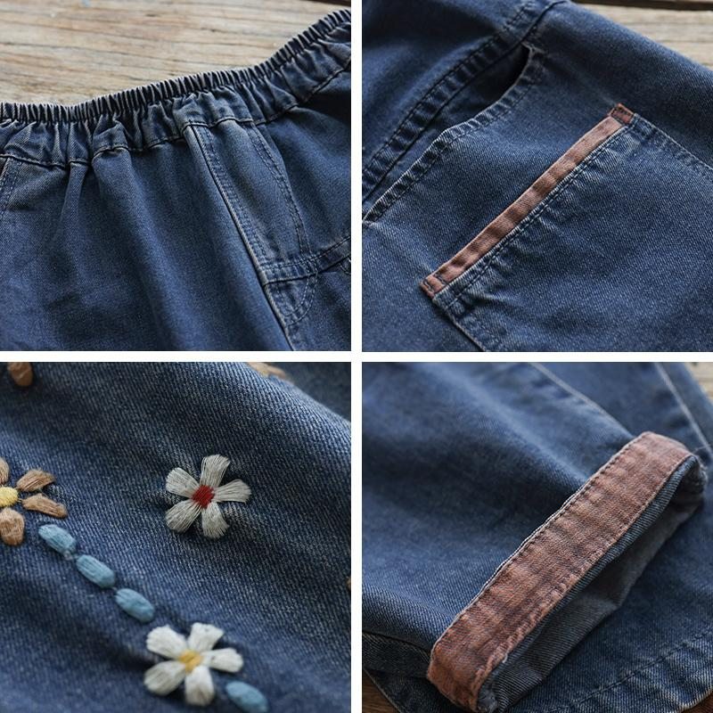 Pantalon En Denim De Coton Décontracté Rétro À Broderie Florale