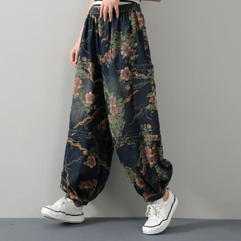 Pantalon En Denim De Coton À Imprimé Floral Rétro Pour Femme