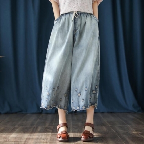 Pantalon En Denim Décontracté Mince À Jambes Larges Brodé Vintage D'automne