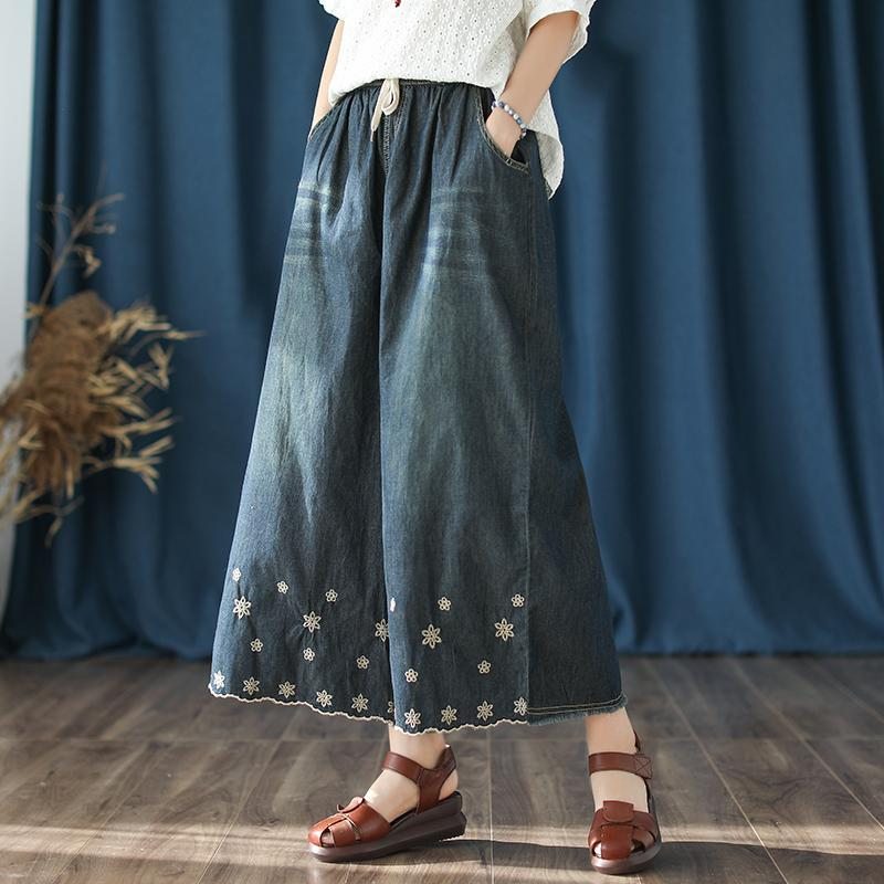 Pantalon En Denim Décontracté Mince À Jambes Larges Brodé Vintage D'automne