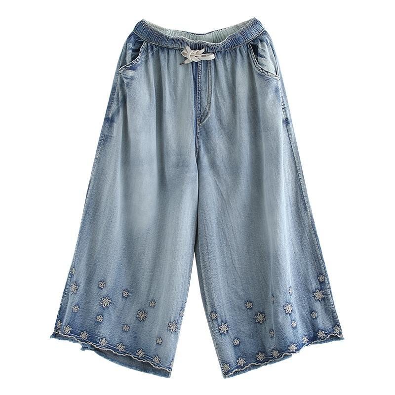 Pantalon En Denim Décontracté Mince À Jambes Larges Brodé Vintage D'automne