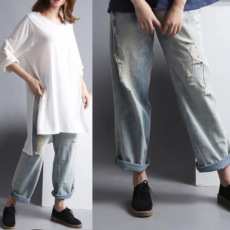 Pantalon En Denim Délavé Pour Femme Printemps-automne