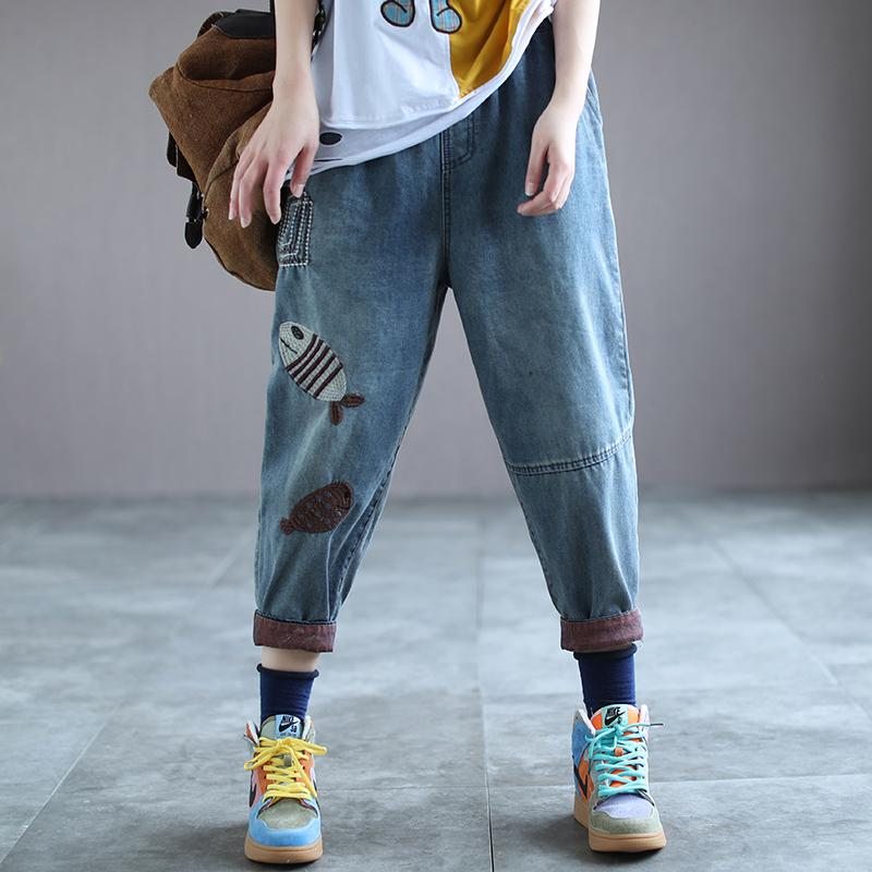 Pantalon En Denim Hallen Brodé De Poissons Rétro