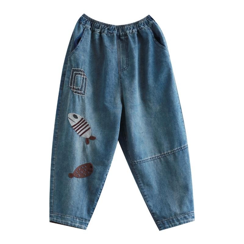 Pantalon En Denim Hallen Brodé De Poissons Rétro