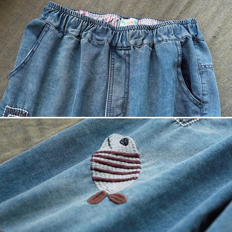 Pantalon En Denim Hallen Brodé De Poissons Rétro