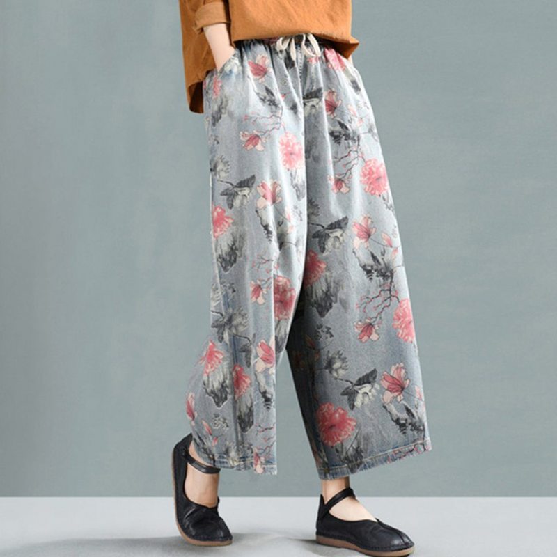 Pantalon En Denim À Jambe Large Et À Fleurs