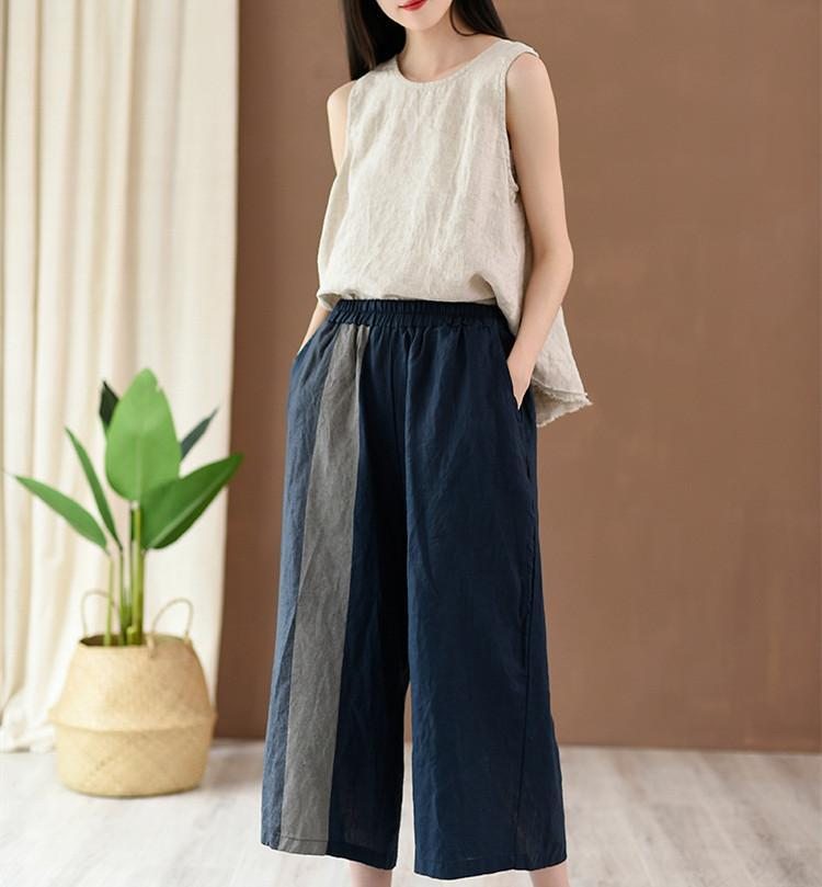 Pantalon Droit Ample En Coton Et Lin À Coutures Rétro