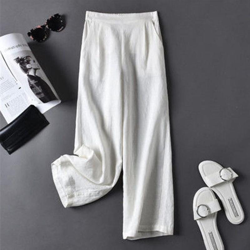 Pantalon Droit Ample Taille Haute En Coton Et Lin