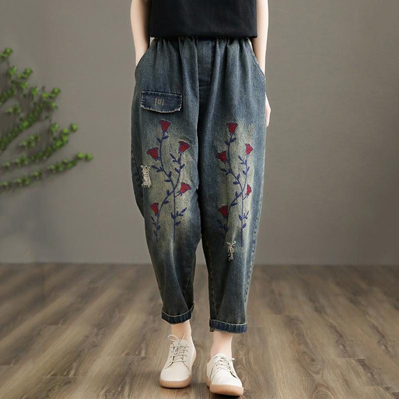 Pantalon Droit En Denim Brodé Rétro