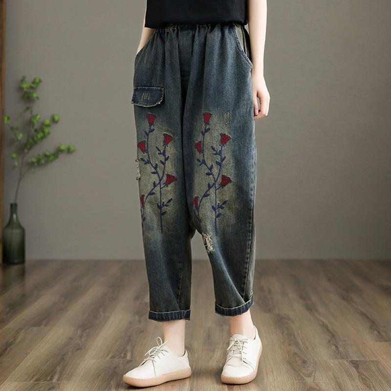 Pantalon Droit En Denim Brodé Rétro