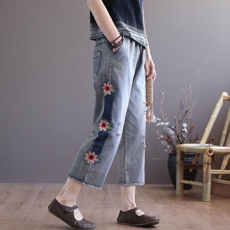 Pantalon Droit À Fleurs Brodées De Style Ethnique