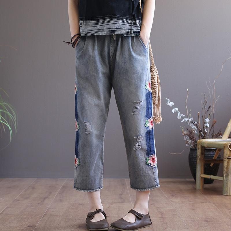 Pantalon Droit À Fleurs Brodées De Style Ethnique