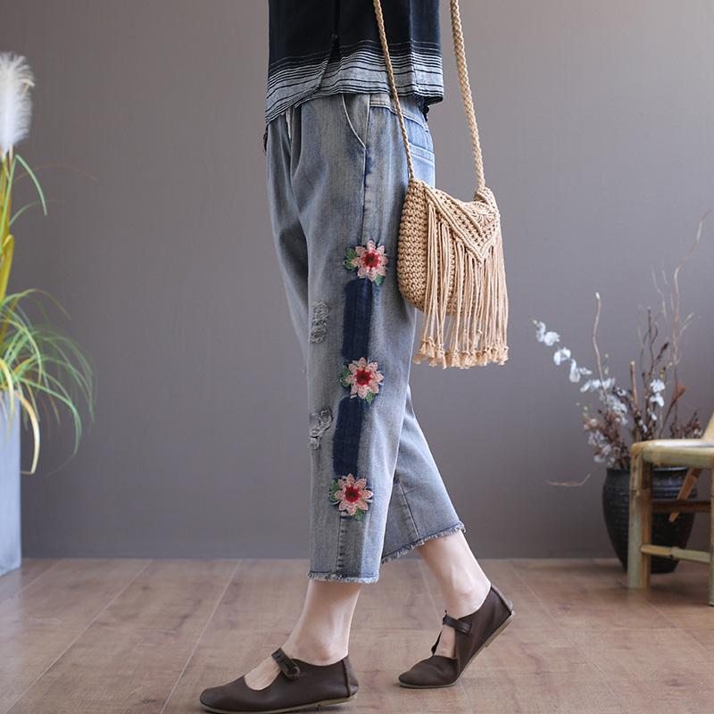 Pantalon Droit À Fleurs Brodées De Style Ethnique