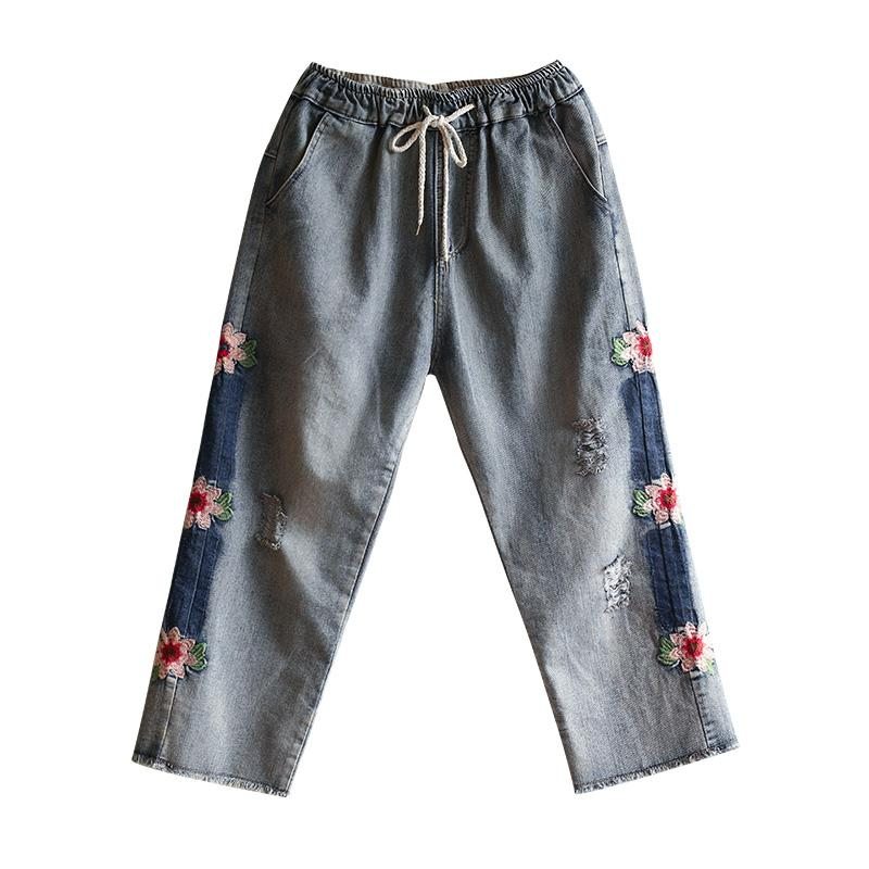 Pantalon Droit À Fleurs Brodées De Style Ethnique