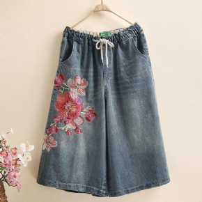 Pantalon Large Ample En Denim À Fleurs Brodées