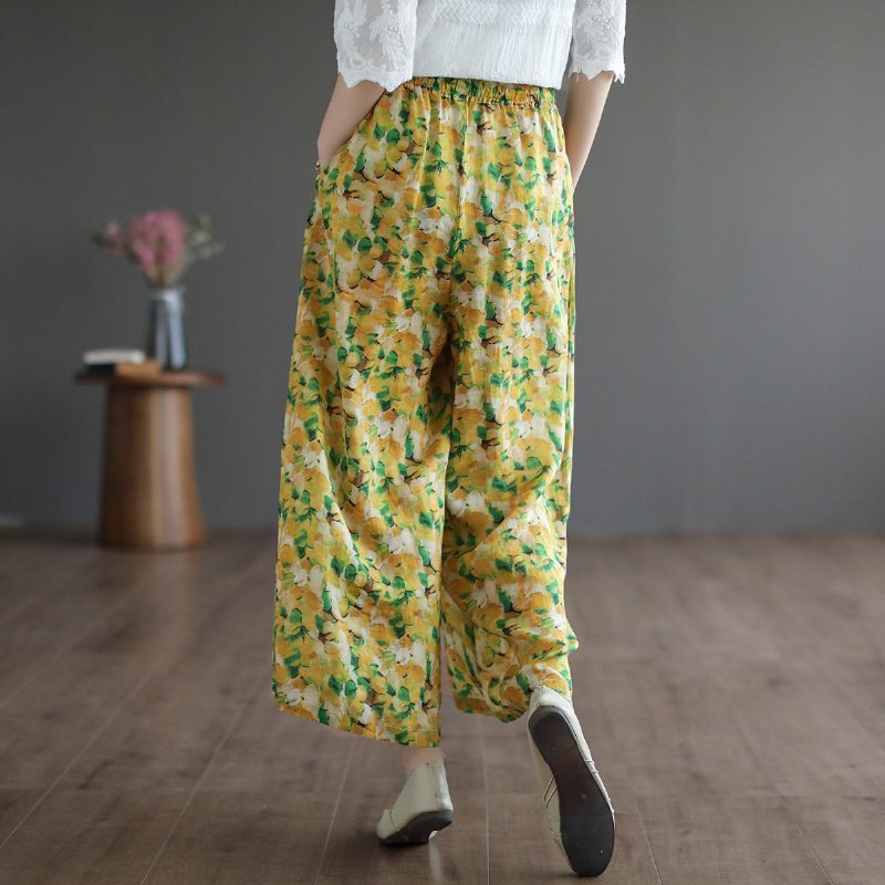 Pantalon Large Ample En Lin À Imprimé Floral Pour Femmes