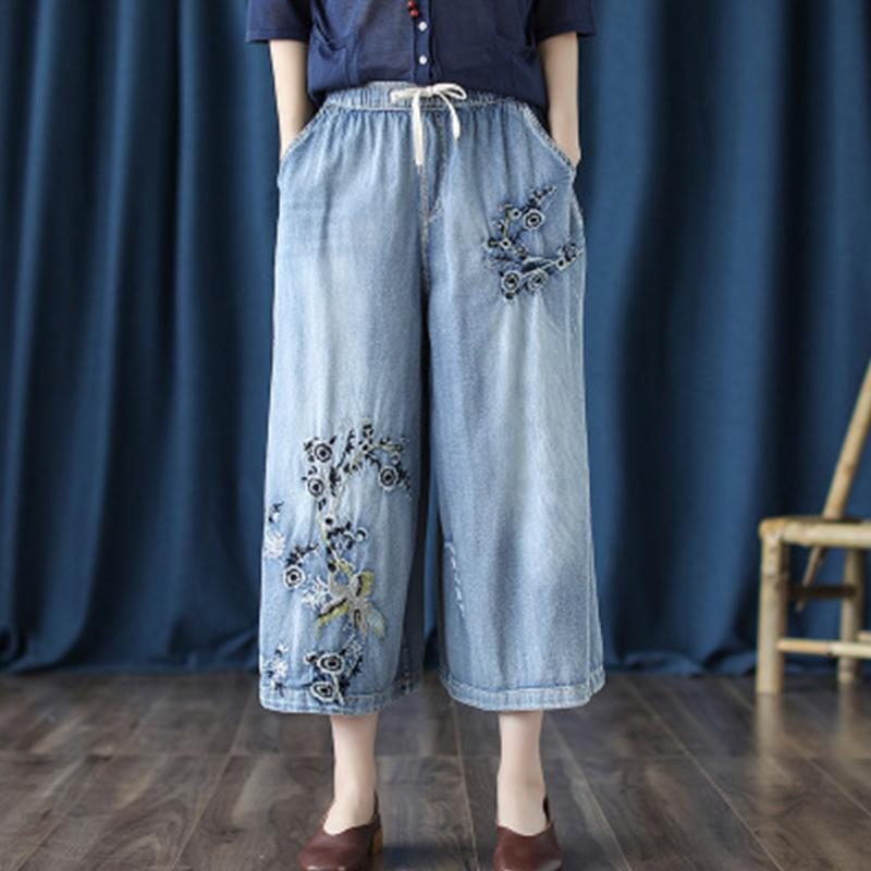 Pantalon Large Brodé En Jean Rétro