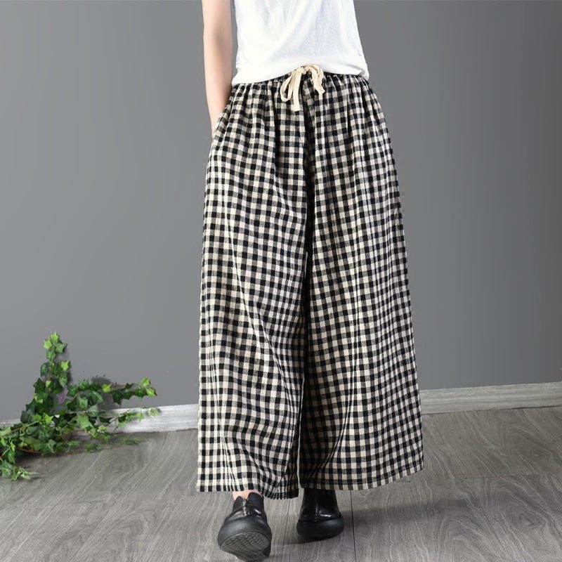 Pantalon Large À Carreaux En Coton Et Lin Pour Femmes