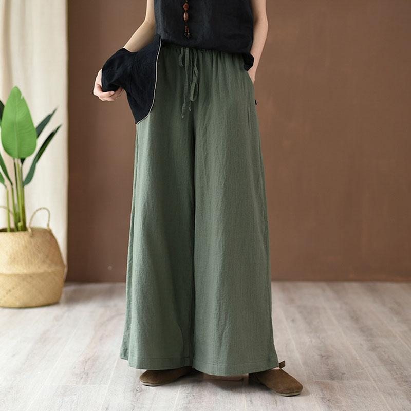 Pantalon Large En Coton Et Lin Pour Femme En Vert