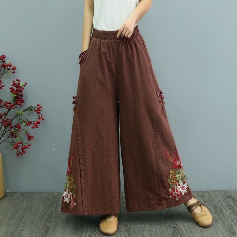 Pantalon Large Décontracté En Coton Et Lin À Boucle Brodée