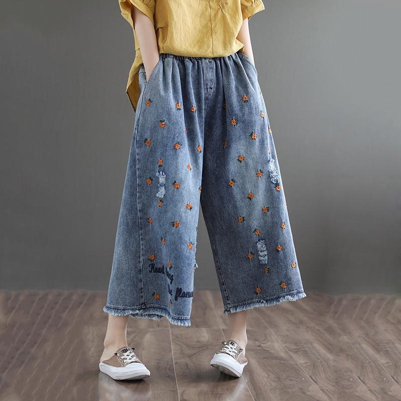 Pantalon Large En Denim Bleu En Coton Brodé Rétro