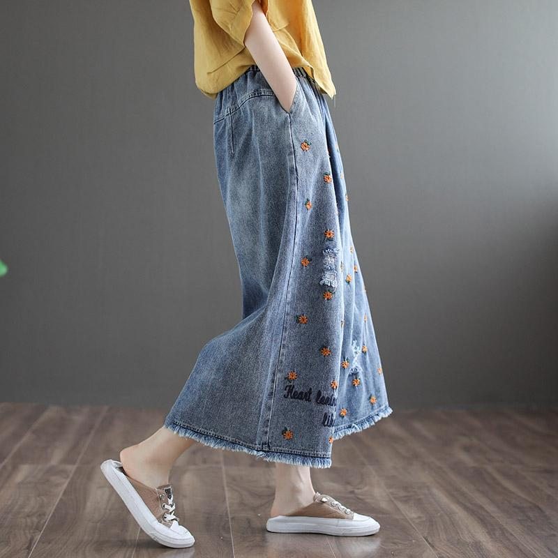 Pantalon Large En Denim Bleu En Coton Brodé Rétro