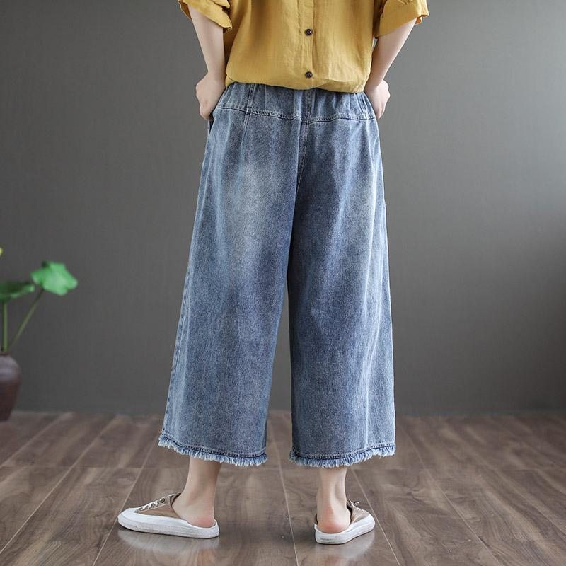 Pantalon Large En Denim Bleu En Coton Brodé Rétro