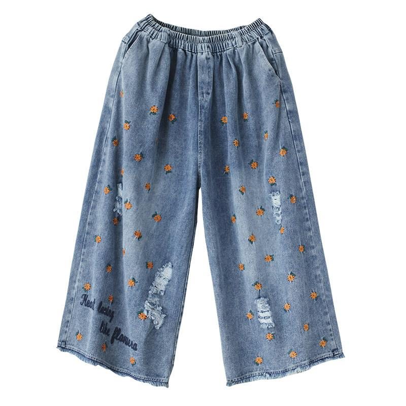 Pantalon Large En Denim Bleu En Coton Brodé Rétro