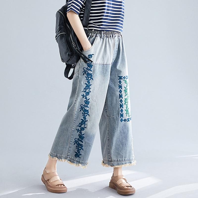 Pantalon Large En Denim Rétro Brodé