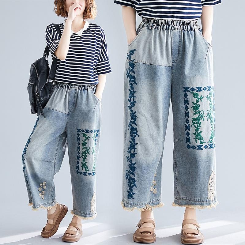 Pantalon Large En Denim Rétro Brodé