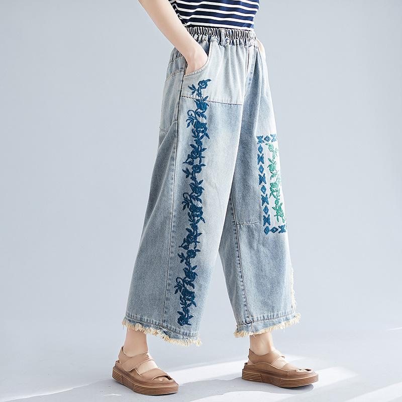 Pantalon Large En Denim Rétro Brodé