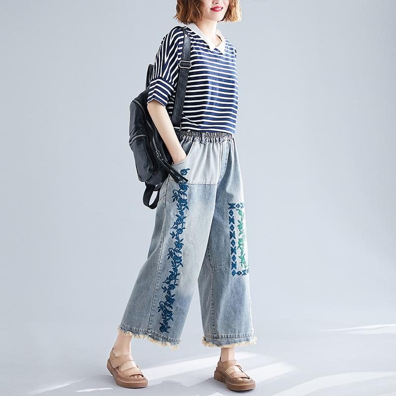 Pantalon Large En Denim Rétro Brodé