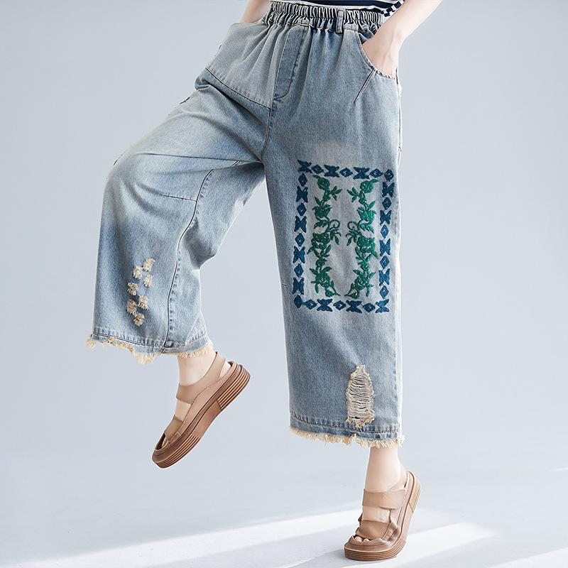 Pantalon Large En Denim Rétro Brodé