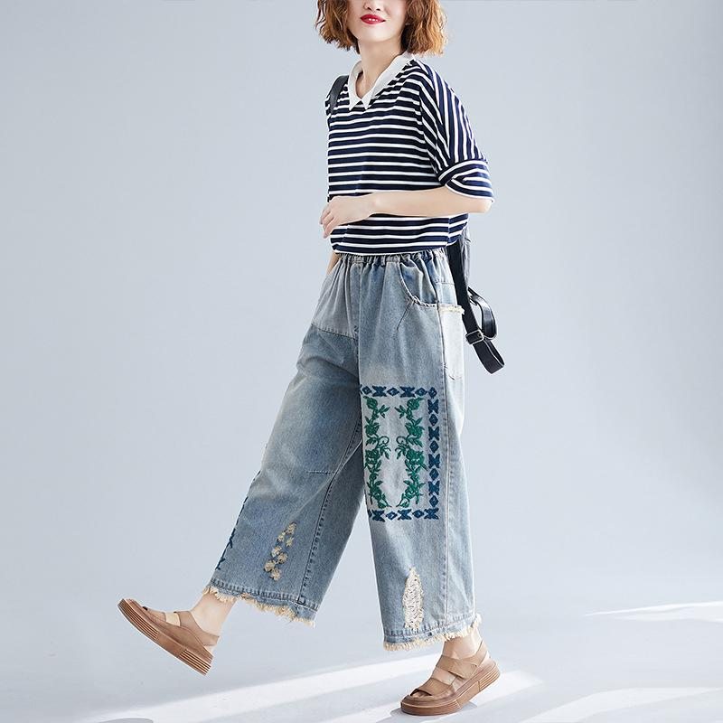 Pantalon Large En Denim Rétro Brodé