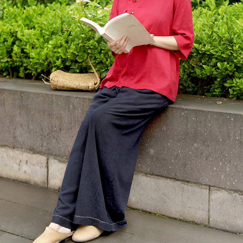 Pantalon Large À Jambes Larges En Coton Et Lin Rétro Pour Femmes