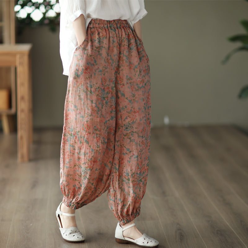 Pantalon En Lin Ample D'été Floral Rétro Pour Femmes