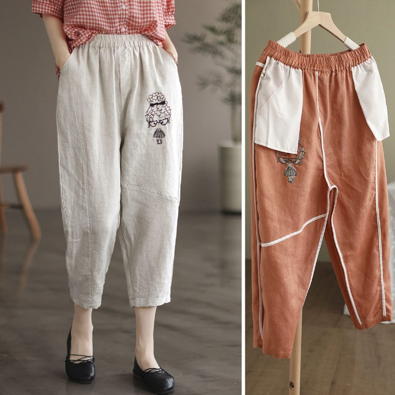 Pantalon En Lin Brodé À La Mode Pour Femmes