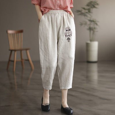 Pantalon En Lin Brodé À La Mode Pour Femmes