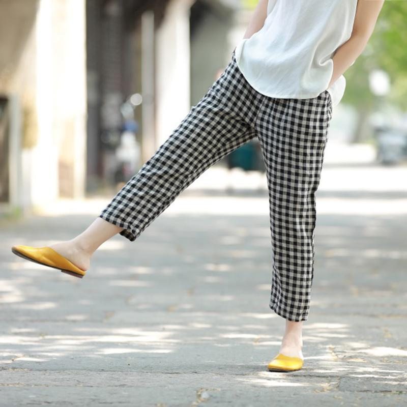 Pantalon En Lin À Carreaux Respirant De Printemps