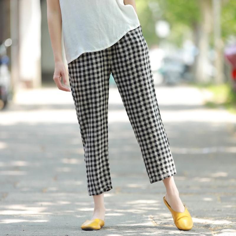 Pantalon En Lin À Carreaux Respirant De Printemps