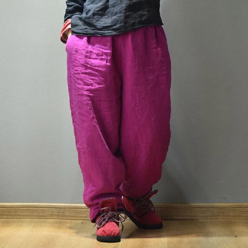 Pantalon En Lin Épais D'hiver À Taille Élastique Rose-rouge