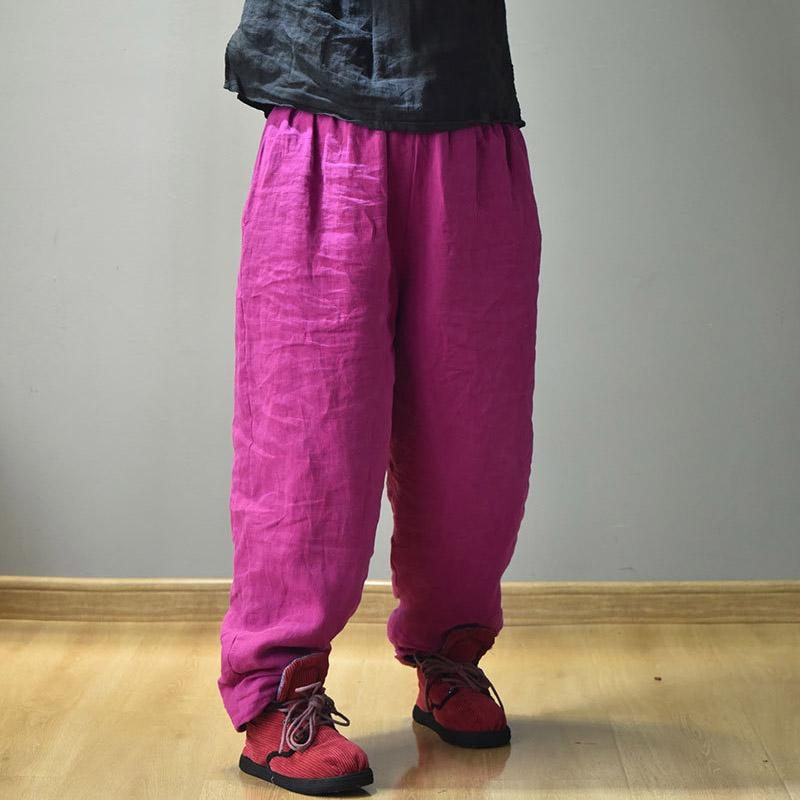 Pantalon En Lin Épais D'hiver À Taille Élastique Rose-rouge