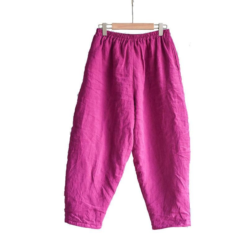 Pantalon En Lin Épais D'hiver À Taille Élastique Rose-rouge