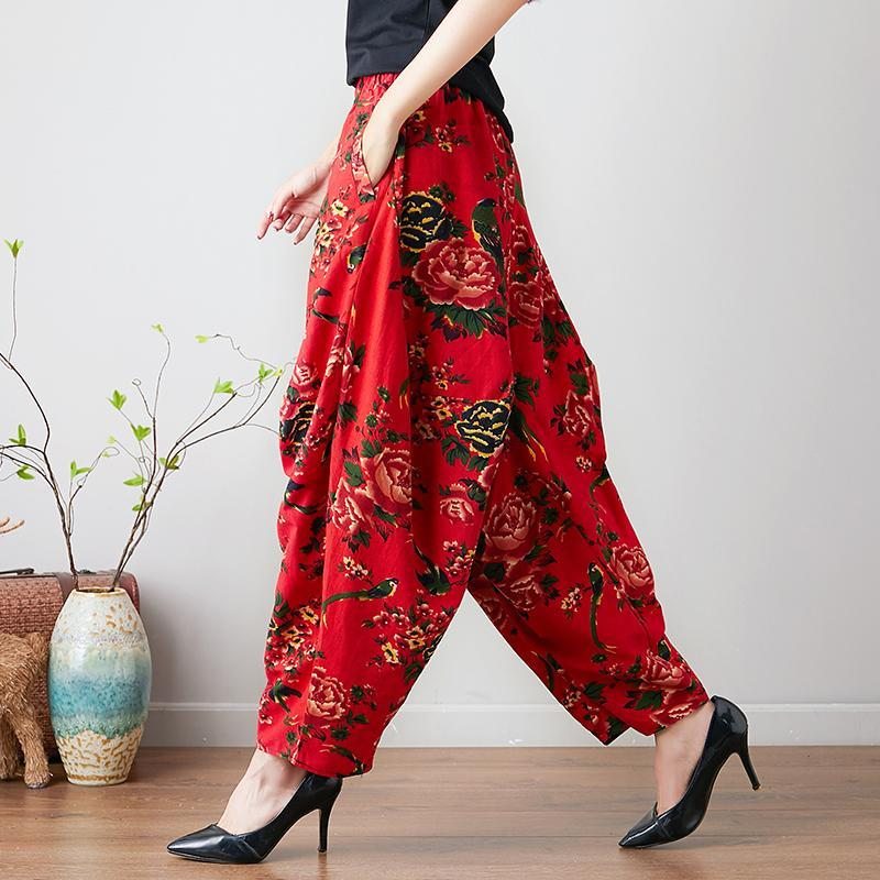 Pantalon En Lin De Style Chinois Ethnique Fleur Rétro