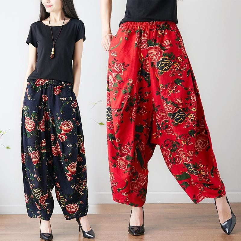 Pantalon En Lin De Style Chinois Ethnique Fleur Rétro