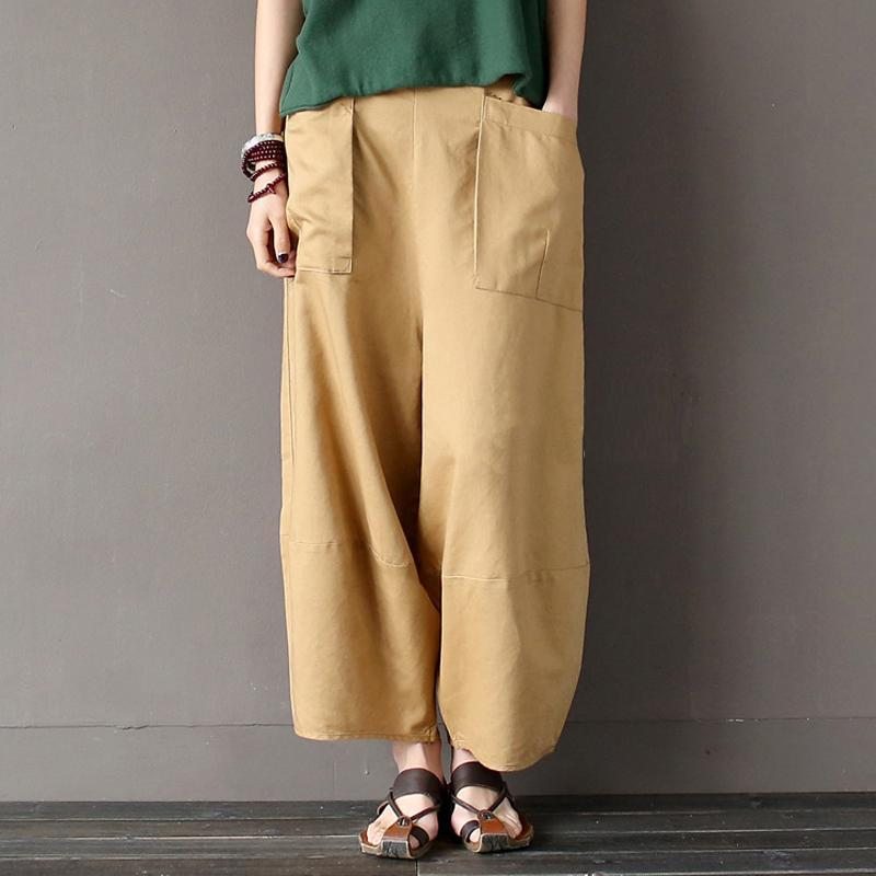 Pantalon Taille Élastique En Coton Et Lin Avec Poches